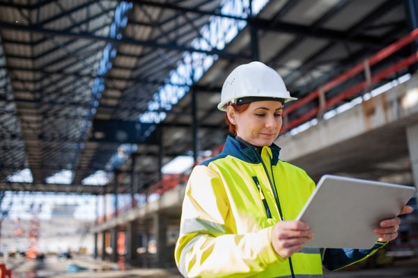 A construction worker in a yellow safety jacket and white hard hat reads a tablet on a construction site with a partially built steel structure in the background.