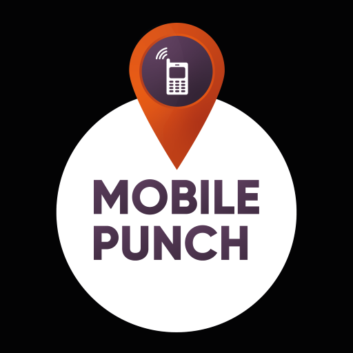 Logo with an orange location pin featuring a phone icon above the words "Mobile Punch" in bold purple text on a white circle background.