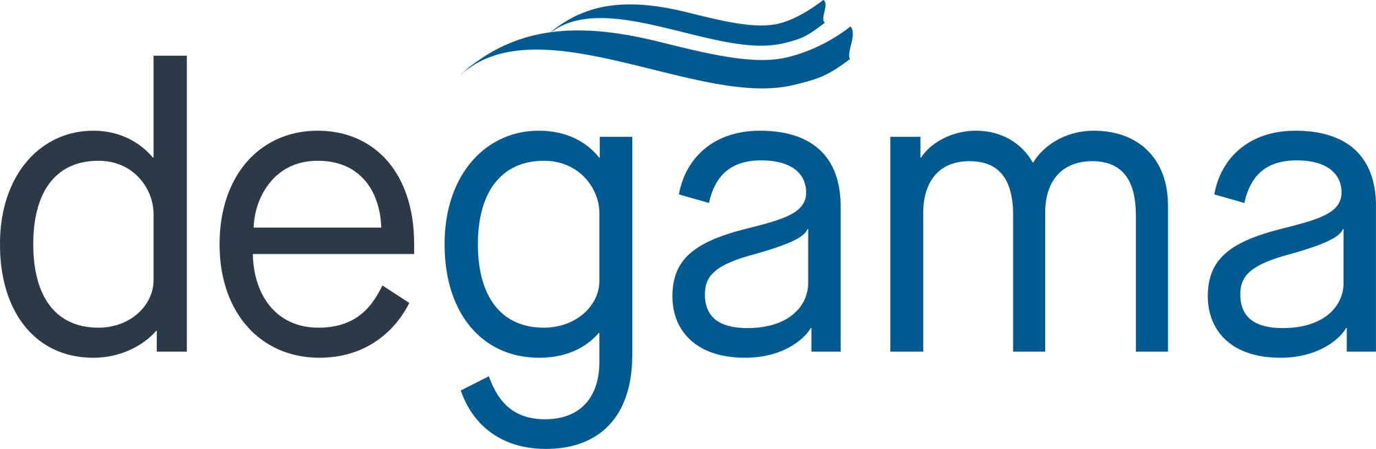 Logo with overlapping speech bubbles in dark blue and blue.