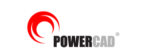 Logo with a red and black swirl symbol on the left and the word "POWERCAD" in bold letters, with "POWER" in black and "CAD" in gray, on the right.