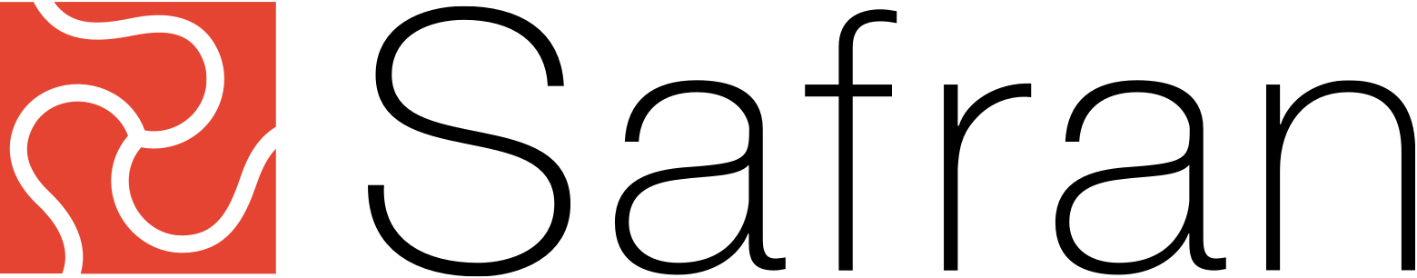 Logo with the word "Safran" in black text and a red abstract design on the left.